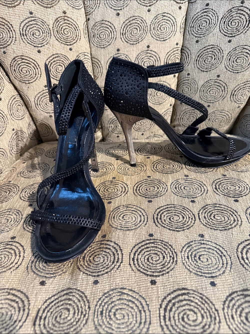 BCBGMaxAzria Black Rhinestone Strappy Stiletto Sandals